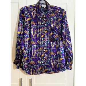 TESS Vintage Purple Chain Print Long‎ Sleeve Blouse Button Down Size 8